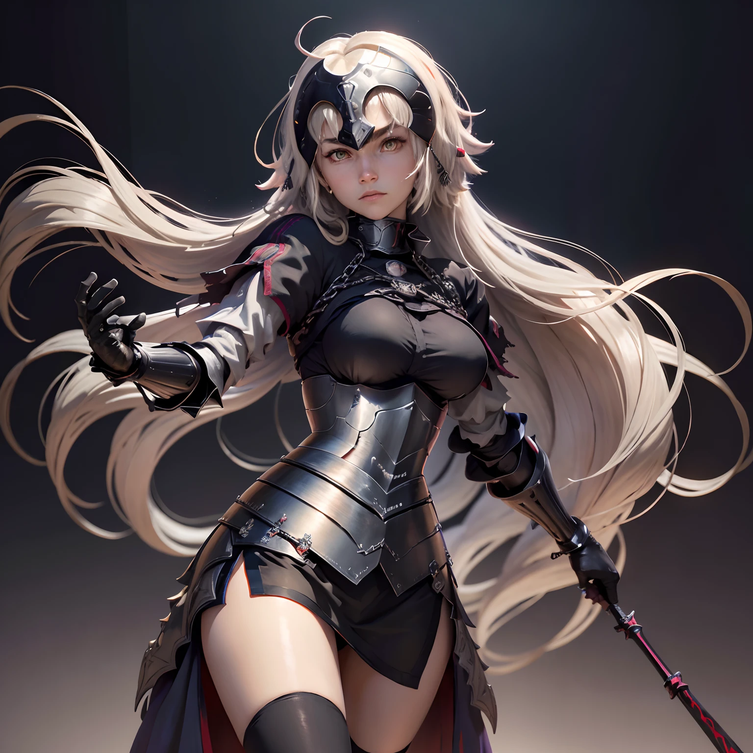 ((Personagem hyper realista)), (Jeanne d'Arc Alter de 20 anos), Grande Ordem do Destino, defronte/corpo inteiro/, corpo perfeito, corpo intrincado, cabelo longo, cabelo loiro,/Hiper realista, qualidade extrema, maximum details, max quality, Hyper realistic Cinematic lighting/,