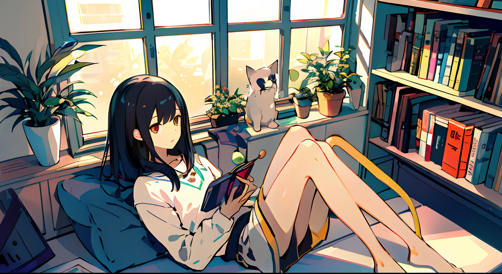 a girls, from above, plant, black hair, cat, lying, indoors, holding, long sleeves, long hair, stuffed toy, potted plant, book, food, window, phone, loaded interior, television, short hair, on back, stuffed animal, bangs, slippers, barefoot, sitting, bookshelf, shelf, cable, computer
