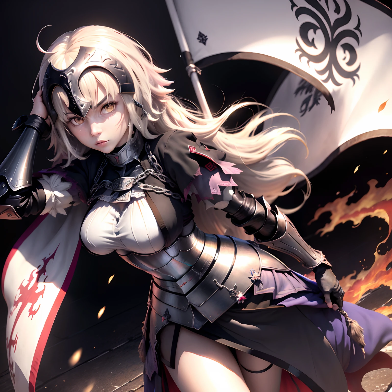 ((Personagem hyper realista)), (Jeanne d'Arc Alter de 20 anos), Grande Ordem do Destino, defronte/corpo inteiro/, corpo perfeito, corpo intrincado, cabelo longo, cabelo loiro,/Hiper realista, qualidade extrema, maximum details, max quality, Hyper realistic Cinematic lighting/,