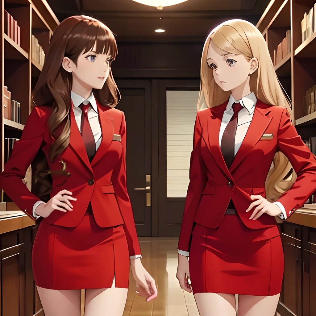 Masterpiece, best quality, anime screencap, 2girls, duo, twins, red skirt suit, red pencil skirt, mature woman, brown hair, blonde hair, curly hair, hair down, hazel eyes