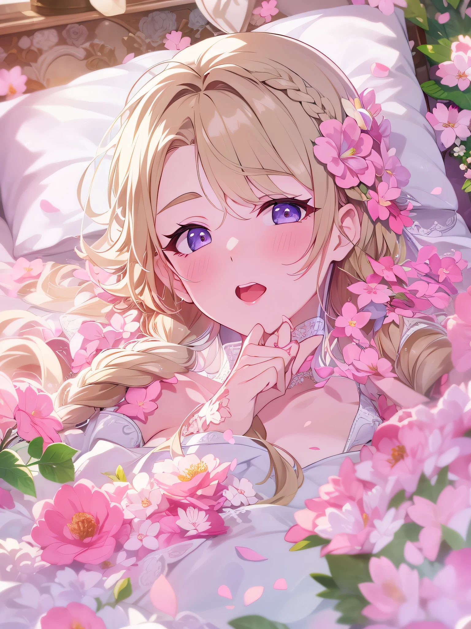 in 8K、top-quality、​masterpiece、ultra-detailliert、Ultra-high resolution、Anime style、on the beds、laying on back、Pink cheeks、pink lipsticks、a blond、Braided hair、weddingdress、flower petals