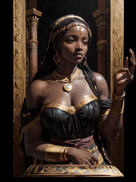 (Renaissance oil painting of a beautiful black woman in ancient greek clothes:1.3), best quality, masterpiece, expressive, thril...