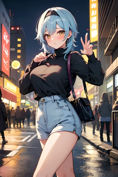 SFW, masterpiece, standing (woman 1), (((cute pose)), ((casual clothes))), yellow eyes,  pouder blue hair, cute blush, (city), wind, blush, ((milf)), night, busy street, turtleneck, perfect hands, purse