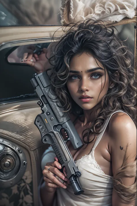 Different mood indian woman with very long curly hair, showing clevage, clutched in white towel,holding gun and back side lots o...
