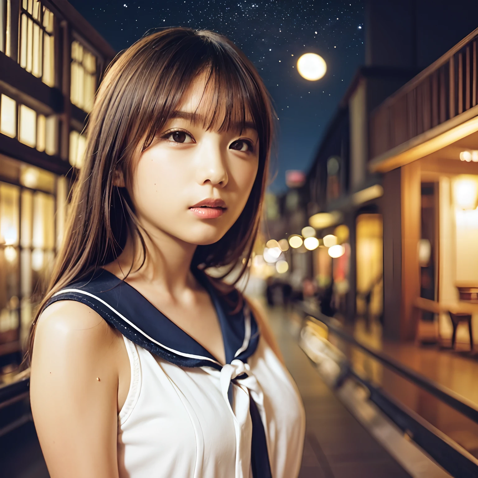 Best Quality, 超A high resolution, (Illustration:1.2)、 up of face,Moonlight,1girl in,High school students,15 years old,Medium bob,slender,Large breasts,Natural makeup, natta, Above a high-rise building, Looking up at the starry sky, a sailor suit