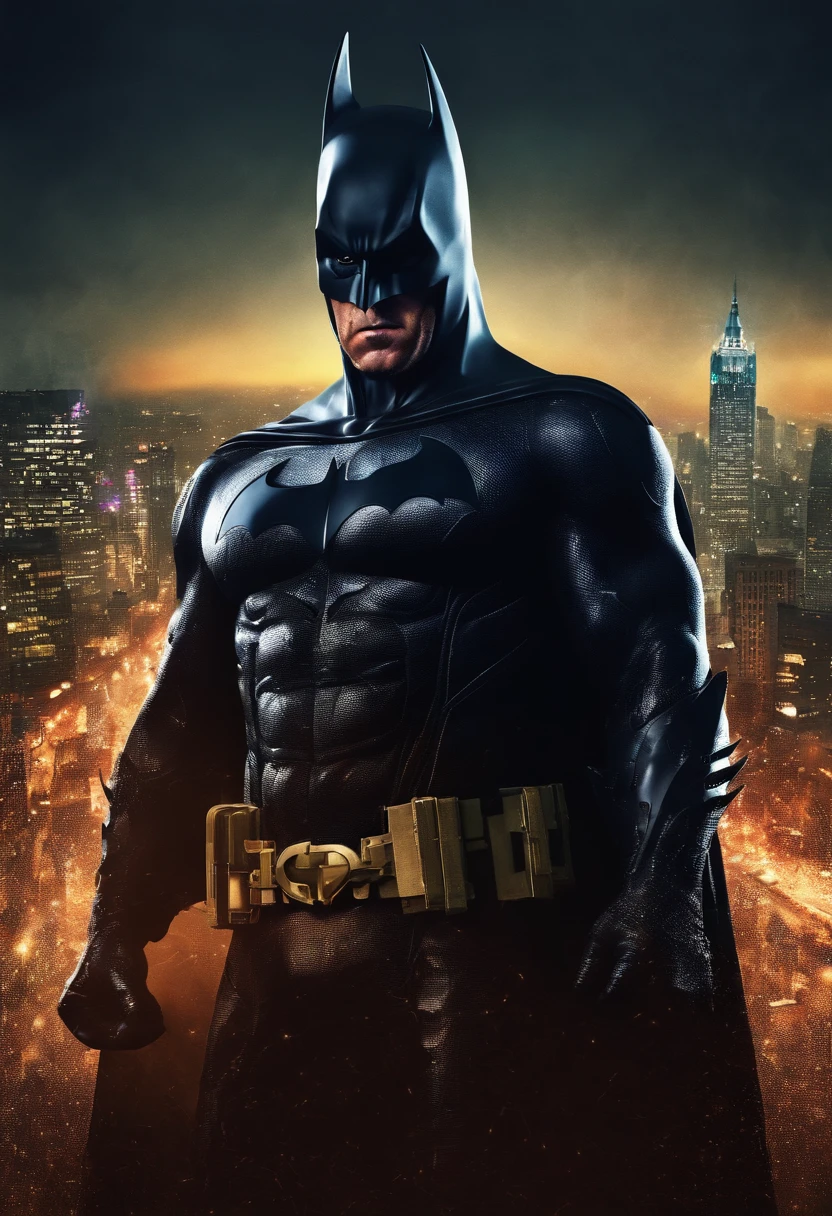 `(best quality, highres, masterpiece:1.2), ultra-detailed, realistic, vivid colors, digital art, batman, detailed eyes and face, muscular physique, dark costume, iconic bat symbol, brooding expression, Gotham City backdrop, cityscape, CBZBB style, Trend in Arstation`