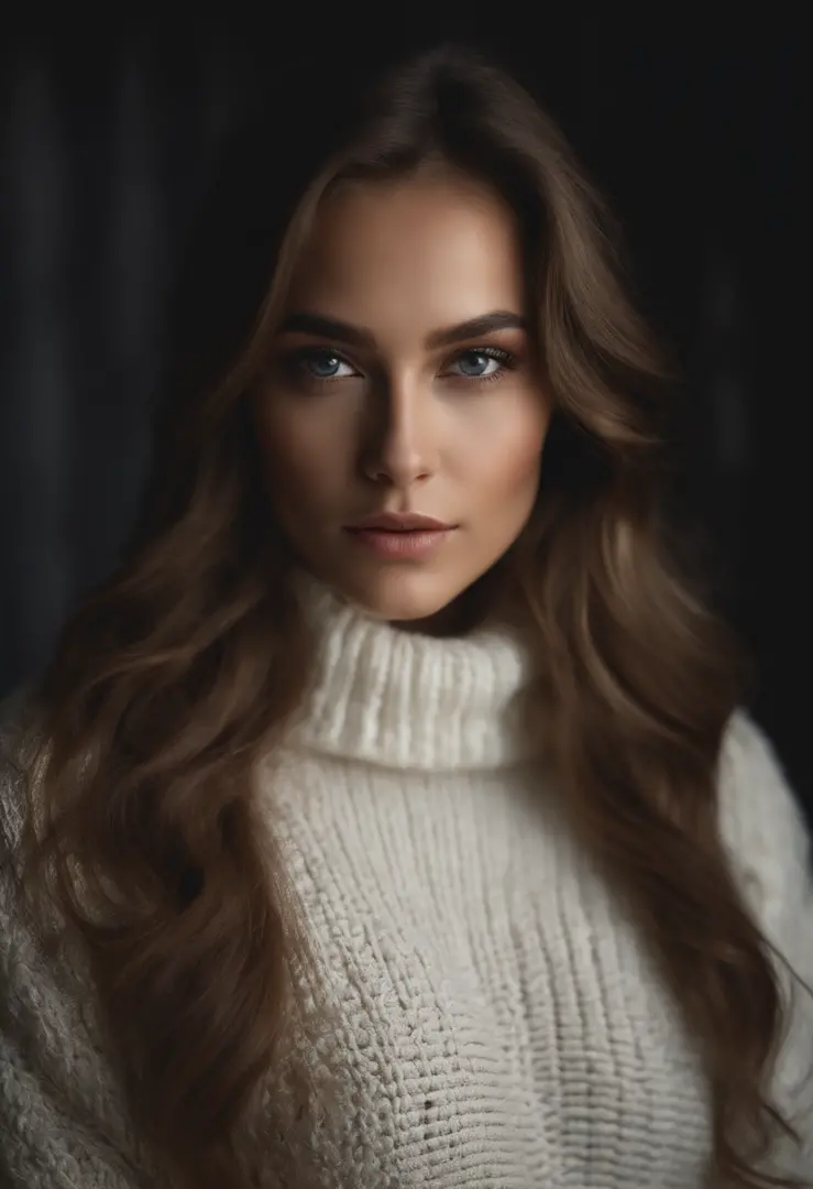 Photograph of a beautiful girl, wearing a white autumn sweater, long hair on one side, buste lourd 36DD, Look into the camera, eyes symmetrical, symmetrical face, photoreallistic, photographie, Path layout, specular lighting, Volumetric facial light, Hair ...