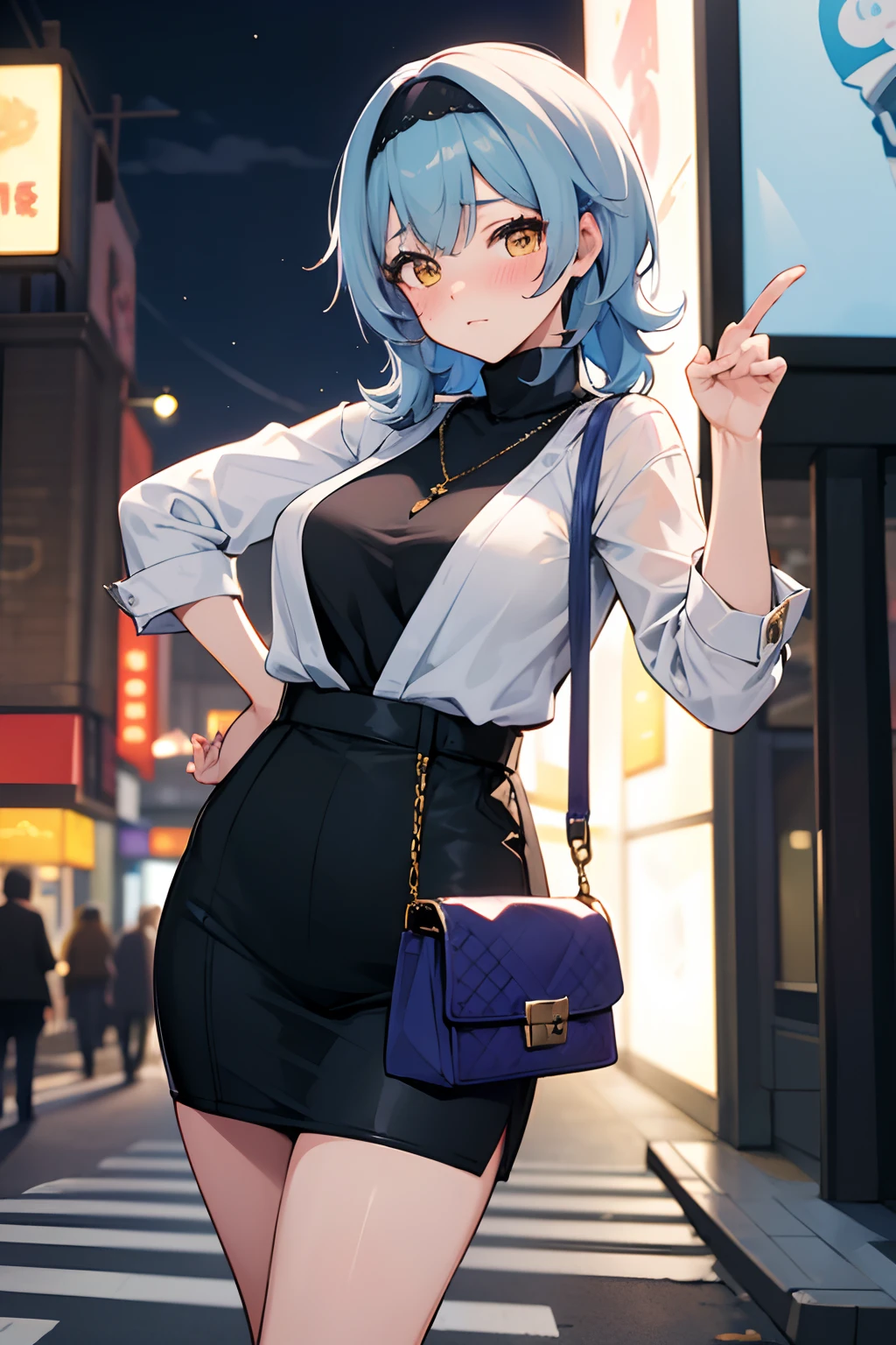 SFW, masterpiece, standing (woman 1), (((cute pose)), ((casual clothes))), yellow eyes,  pouder blue hair, cute blush, (city), wind, blush, ((milf)), night, busy street, turtleneck, perfect hands, purse, off sholders