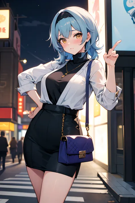 sfw, masterpiece, standing (woman 1), (((cute pose)), ((casual clothes))), yellow eyes,  pouder blue hair, cute blush, (city), w...