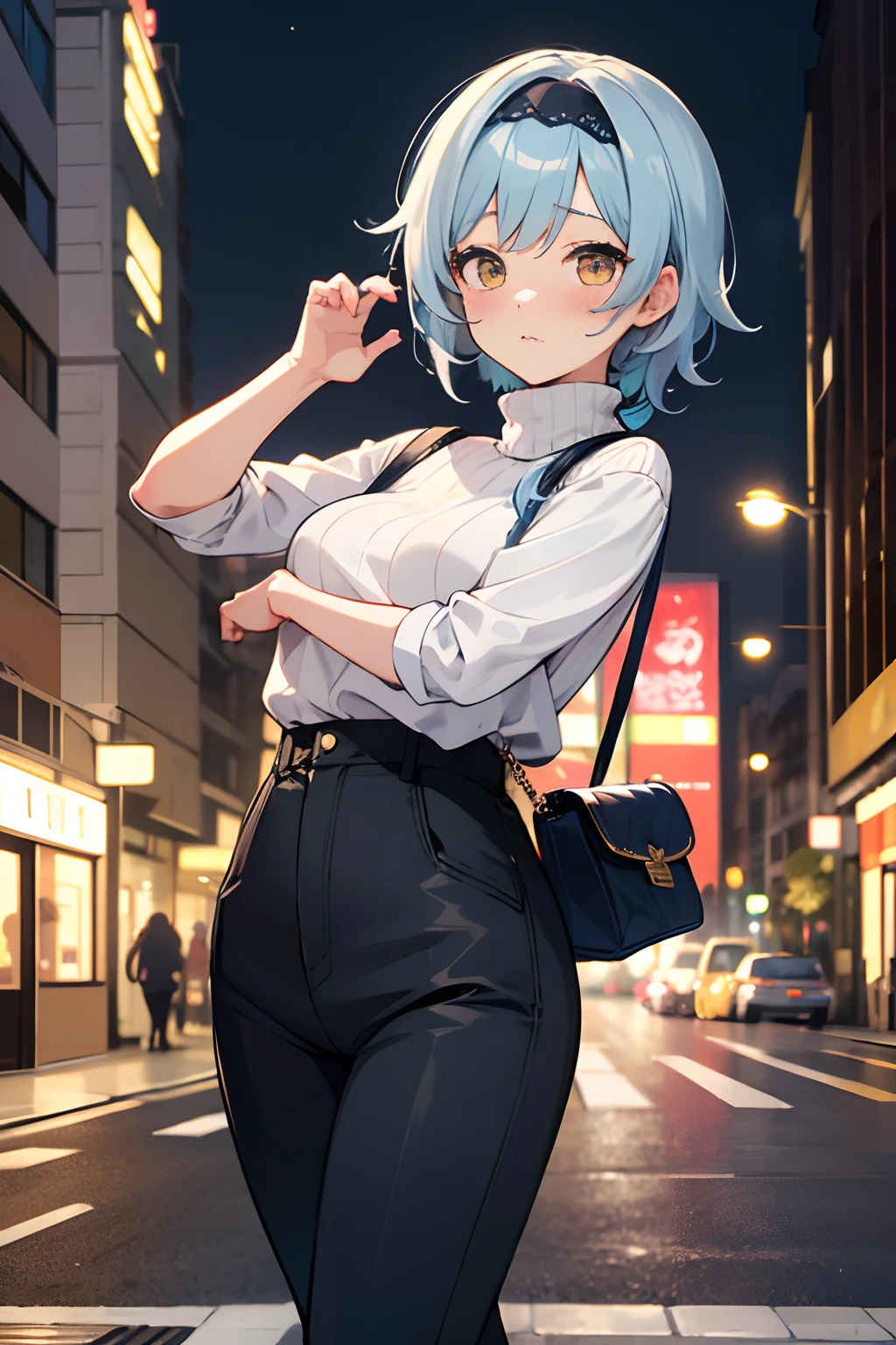 SFW, masterpiece, standing (woman 1), (((cute pose)), ((casual clothes))), yellow eyes,  pouder blue hair, cute blush, (city), wind, blush, ((milf)), night, busy street, turtleneck, perfect hands, purse