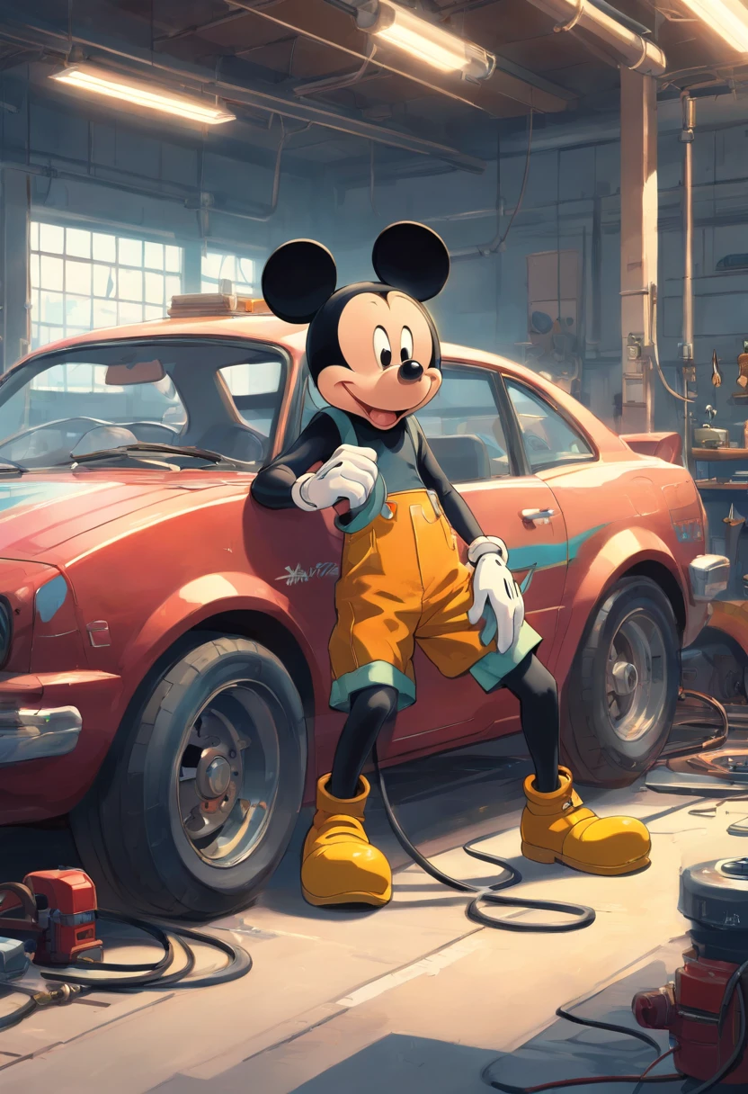 Mickey mouse in a garage with a car and a hose - SeaArt AI