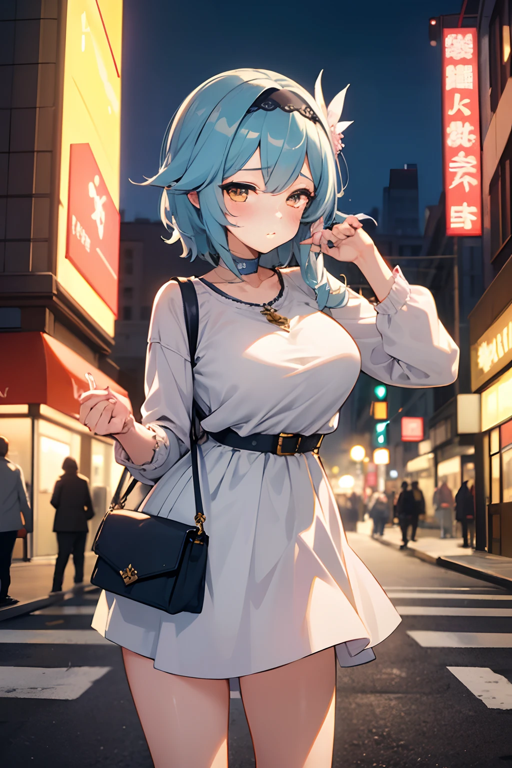 SFW, masterpiece, standing (woman 1), (((cute pose)), ((casual clothes))), yellow eyes,  pouder blue hair, cute blush, (city), wind, blush, ((milf)), night, busy street, perfect hands, purse, off sholders