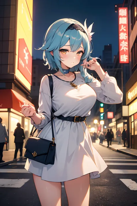 sfw, masterpiece, standing (woman 1), (((cute pose)), ((casual clothes))), yellow eyes,  pouder blue hair, cute blush, (city), w...