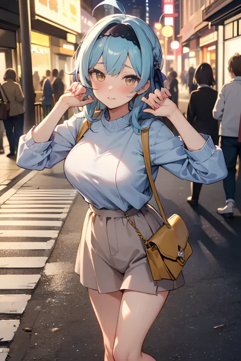 SFW, masterpiece, standing (woman 1), (((cute pose)), ((casual clothes))), yellow eyes,  pouder blue hair, cute blush, (city), wind, blush, ((milf)), night, (((busy street))), perfect hands, purse