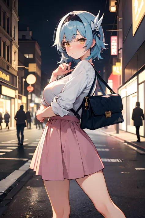 SFW, masterpiece, standing (woman 1), (((cute pose)), ((casual clothes))), yellow eyes,  pouder blue hair, cute blush, (city), w...