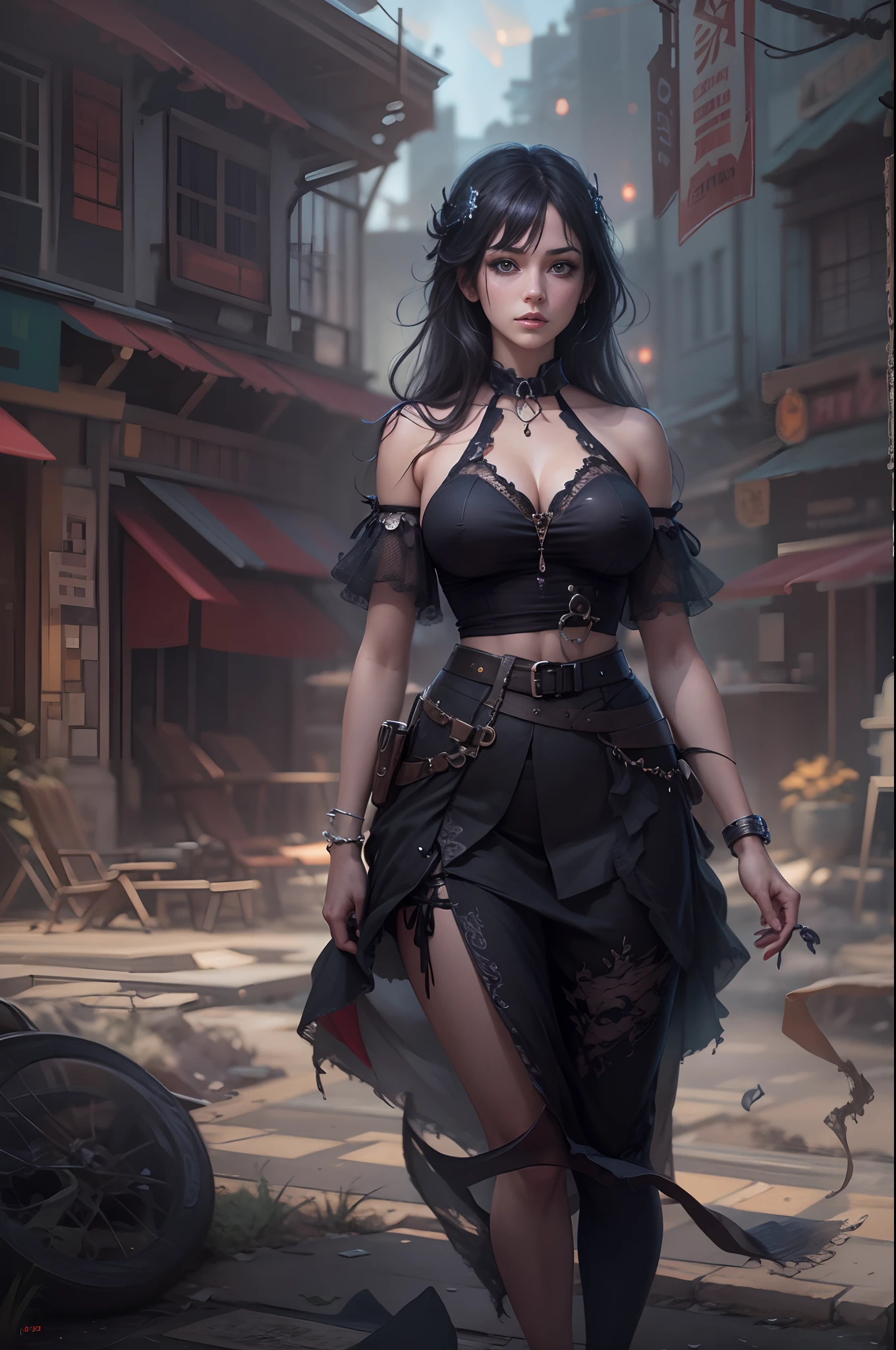 1girl as goth woman, detailed eyes, detailed face, detailed skin,mature body, tall body,seductive body,medium big breast, medium thigh, best quality, masterpiece, trending on Art station,BREAK,Detailed,Realistic,4k highly detailed digital art,octane render, bioluminescent, BREAK 8K resolution concept art, realism,by Mappa studios,masterpiece,best quality,official art,illustration,ligne claire,(cool_color),perfect composition,absurdres, fantasy,focused,