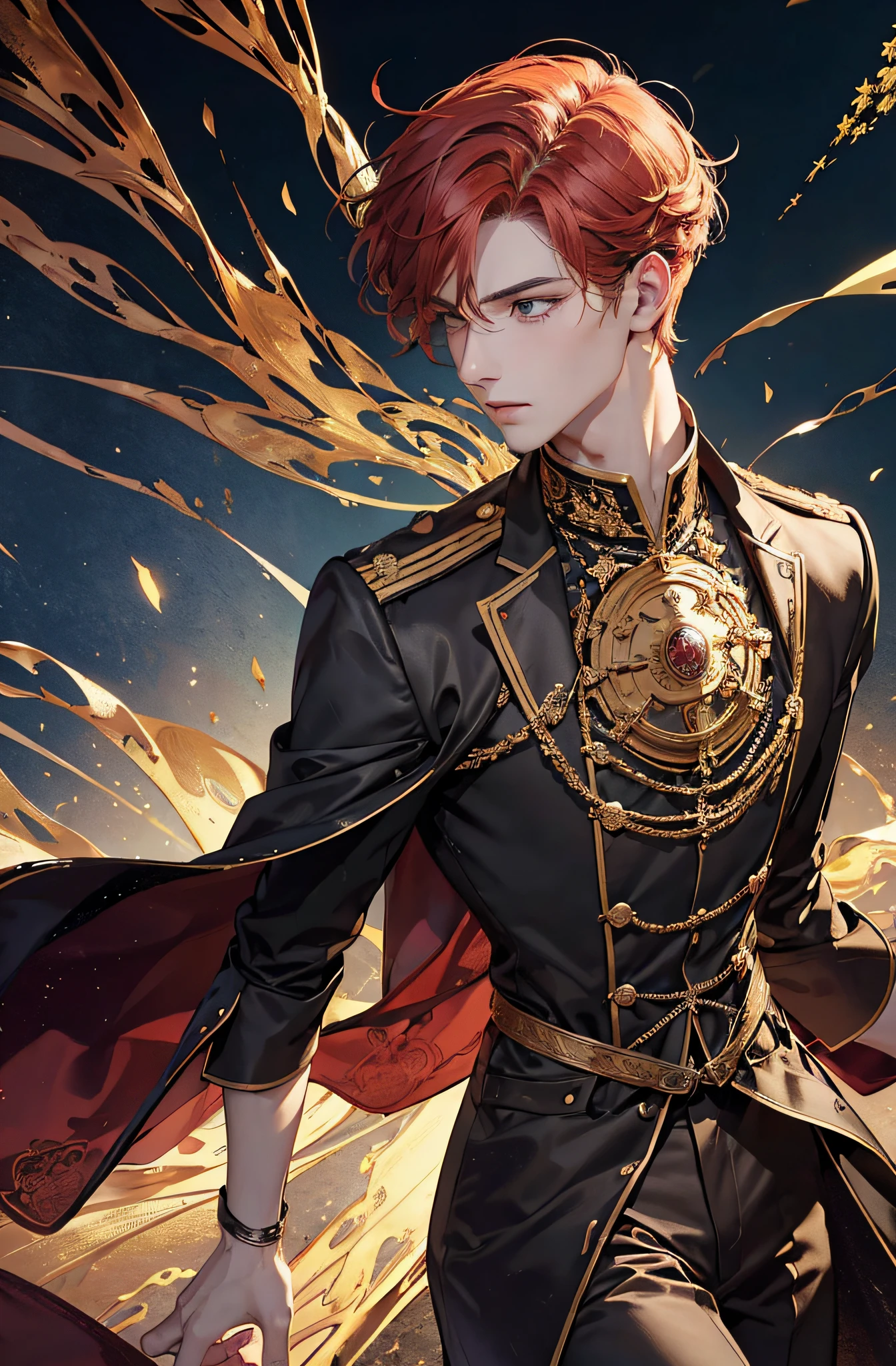 a man, adult, ((masculine)), shorth hair, highly, red hair, gold eyes, perfect face, beautiful clothes, Antique clothing, detailled, dynamic lighting, (best quality), (​masterpiece), (reference sheet:1.5)