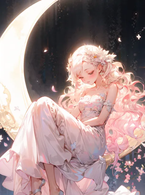 anime girl sitting on a crescent moon 🌙 with a pink dress and a flower, Anime bonito, Guweiz em Pixiv ArtStation, anime de fanta...