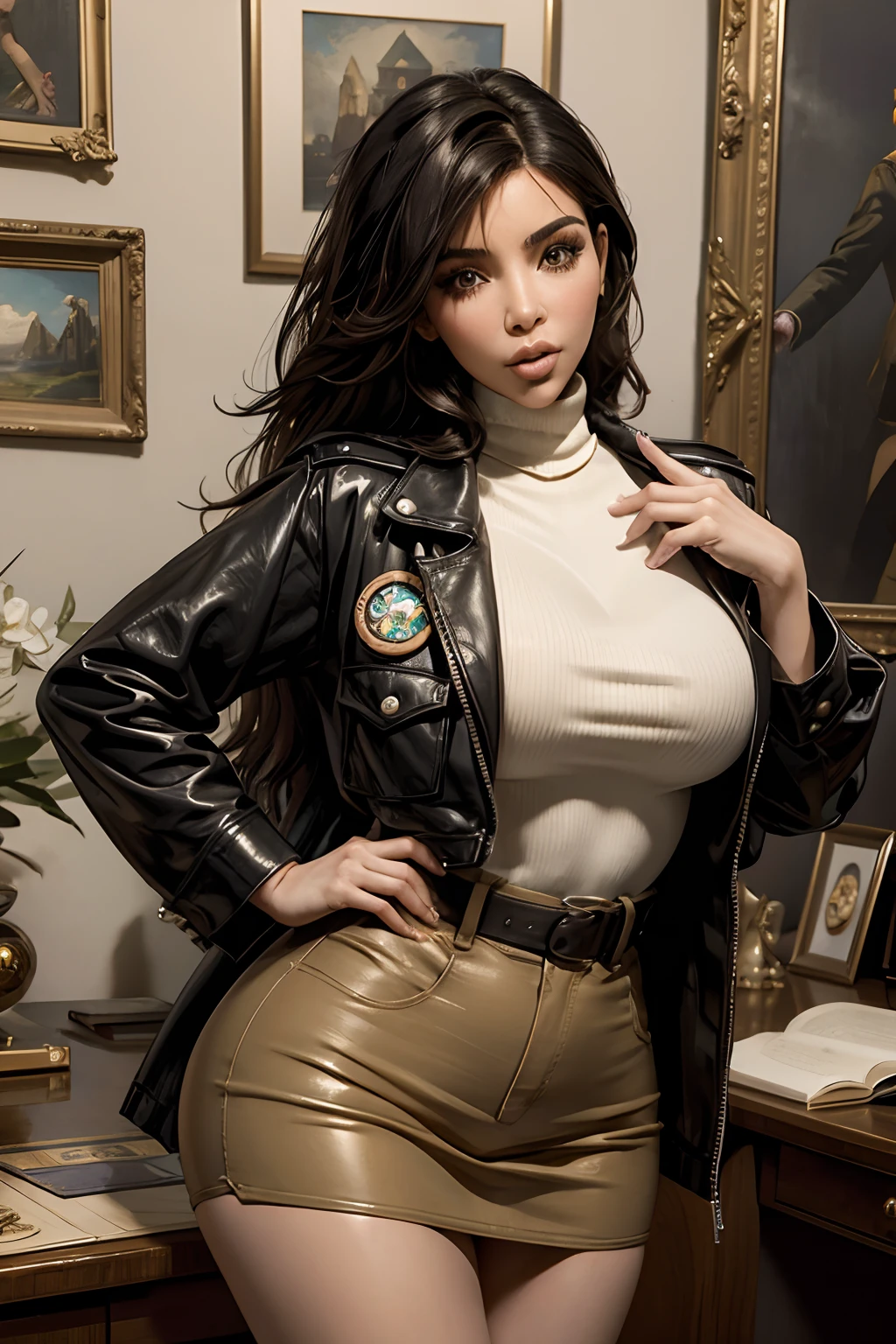 A close up of a woman in a leather jacket and skirt - SeaArt AI