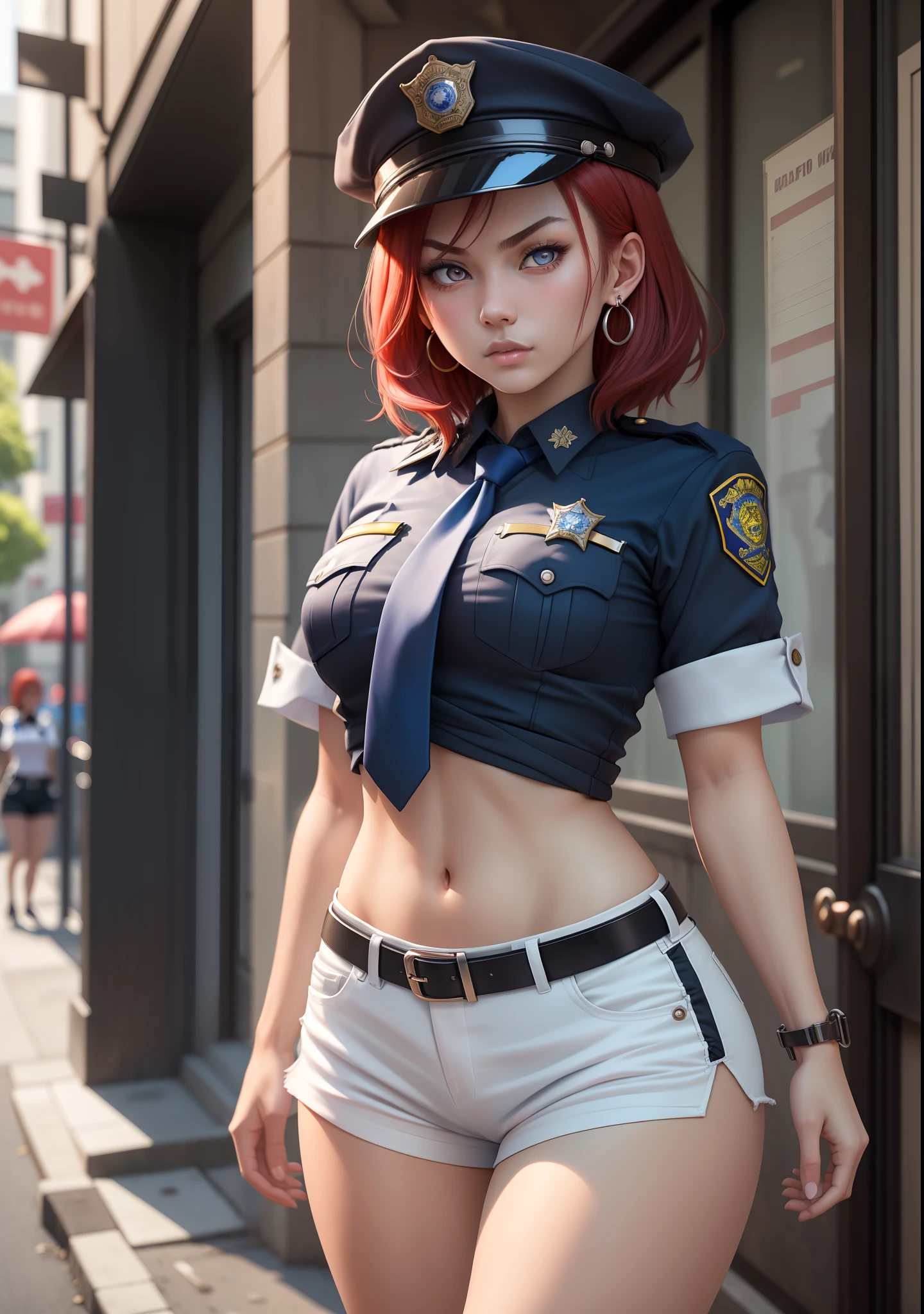 Masterpiece, best quality, detailed face,2girls,hig ,kiss,Nishikino maki, short hair, blue shirt,half sleeves, necktie,earrings, black belt, tight white low shorts, midriff, standing,  police cap,in street, toned stomach, looking at viewer, serious face