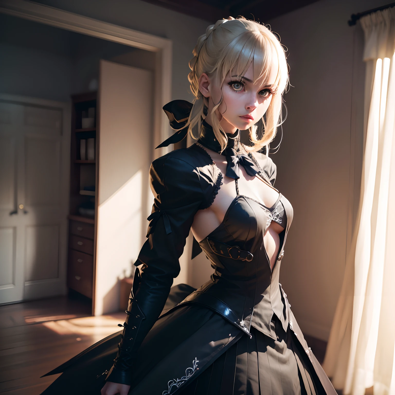 ((Personnage hyper réaliste)), (Saber Alter de 20 ans), Grand Ordre du Destin, Affronter/tout le corps/, corps parfait, corps complexe, cheveux courts, cheveux blonds,/Hyper réaliste, qualité extrême, Détails maximum, qualité maximale, Éclairage cinématographique hyper réaliste/,