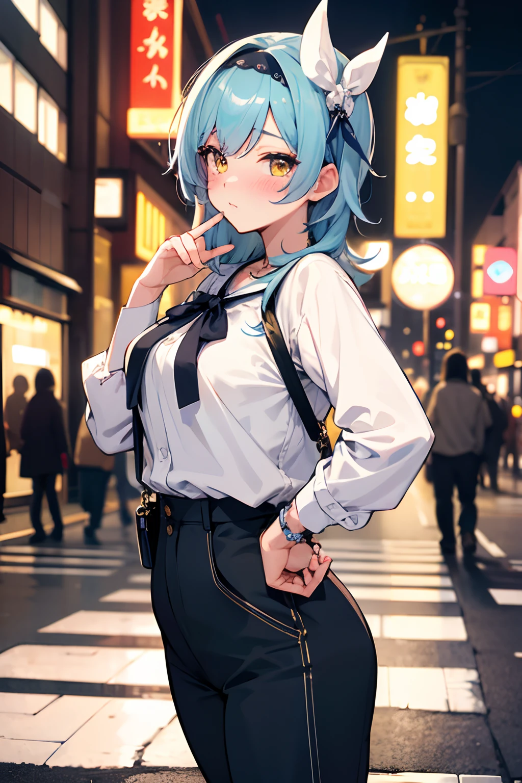 SFW, masterpiece, standing (woman 1), (((cute pose)), ((casual clothes))), yellow eyes,  pouder blue hair, cute blush, (city), wind, blush, ((milf)), night, (((busy street))), perfect hands, purse