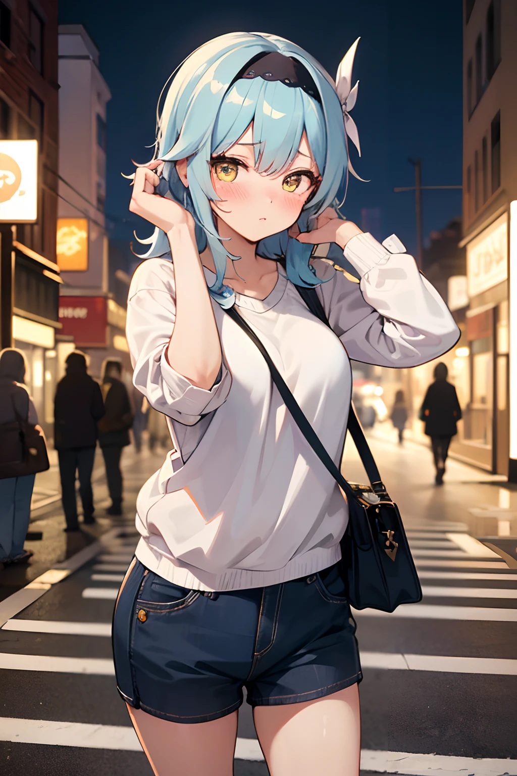 SFW, masterpiece, standing (woman 1), (((cute pose)), ((casual clothes))), yellow eyes,  pouder blue hair, cute blush, (city), wind, blush, ((milf)), night, (((busy street))), perfect hands, purse