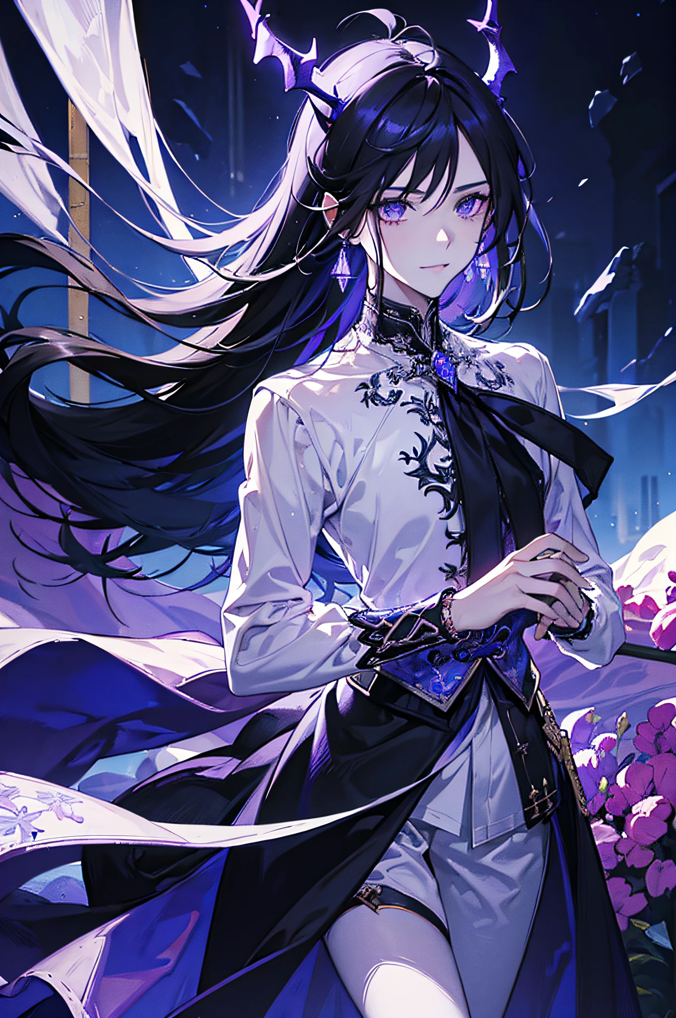 (masterpiece), best quality, ultra-high resolution, ((one man)), boy, male, elegant, expresive eyes, perfect face, half body, looking at viewer, dutch angle, cowboy shot, (long black hair), ponytail, (purple eye color), long elf like ears, two long demon horns on the head, leather armor, Clothing for the Middle Ages, assasin, dagger, light smile, detailed background, Extreme Detailgenauigkeit, 4K