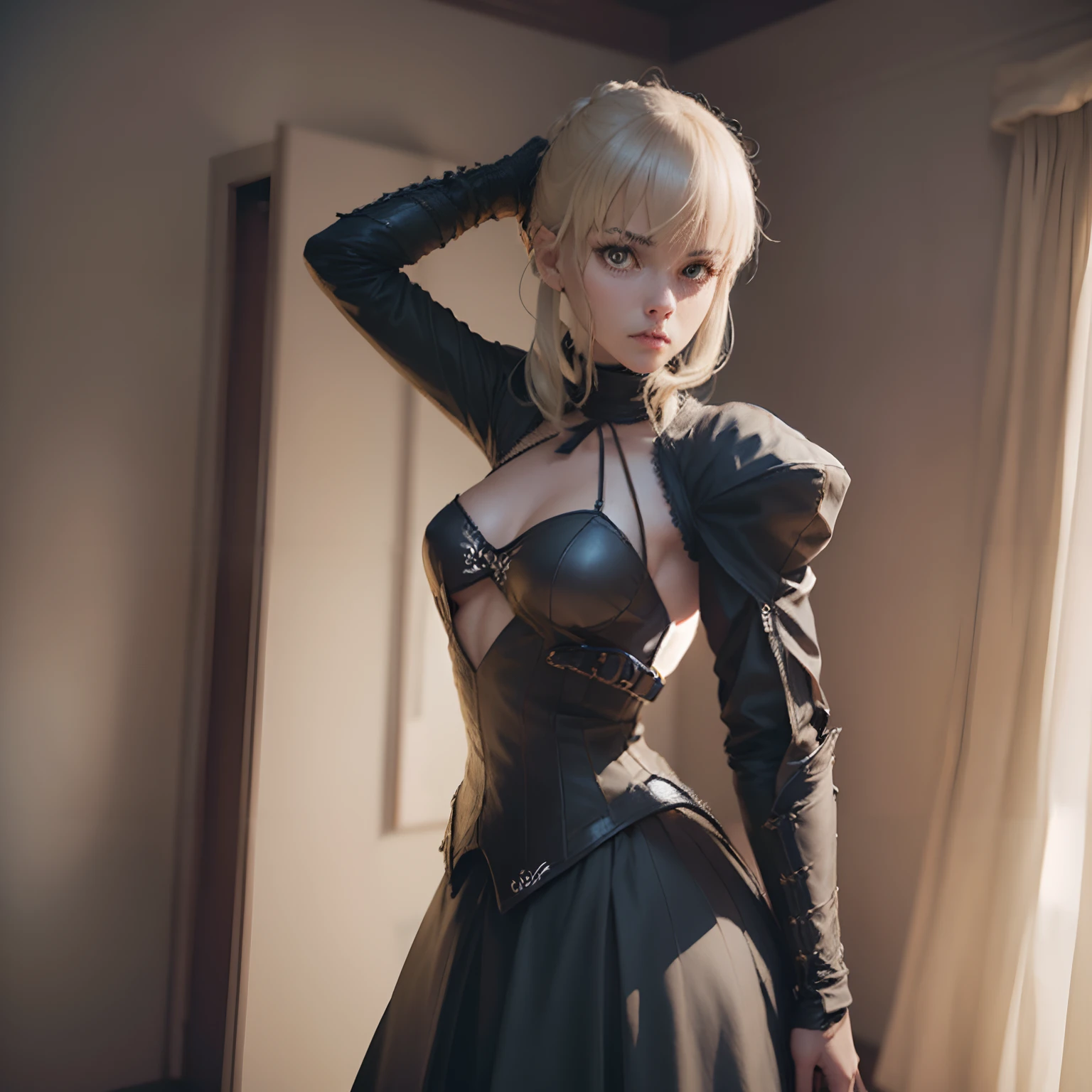 ((Personagem hyper realista)), (Saber Alter de 20 anos), Grande Ordem do Destino, defronte/corpo inteiro/, corpo perfeito, corpo intrincado, cabelo curto, cabelo loiro,/Hiper realista, qualidade extrema, maximum details, max quality, Hyper realistic Cinematic lighting/,