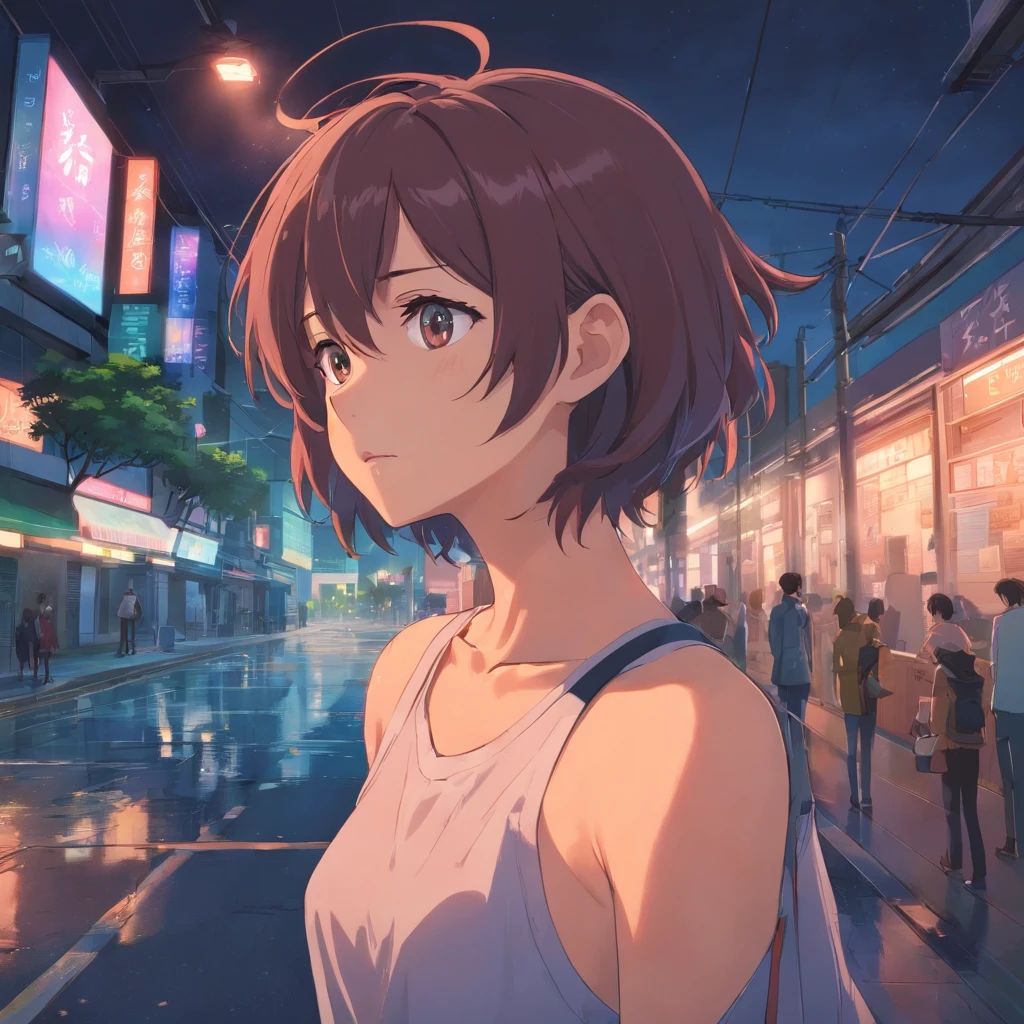 Chica anime parada bajo la lluvia en una ciudad por la noche - SeaArt AI