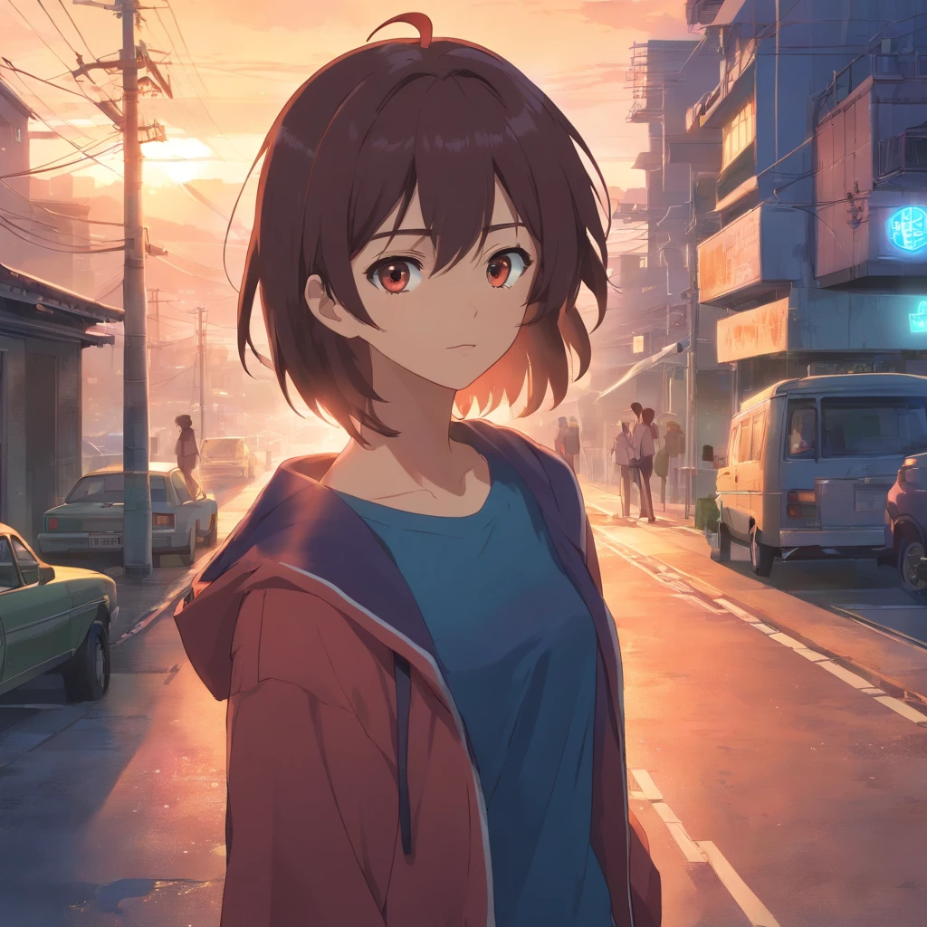 Anime girl in a city street with cars and buildings - SeaArt AI