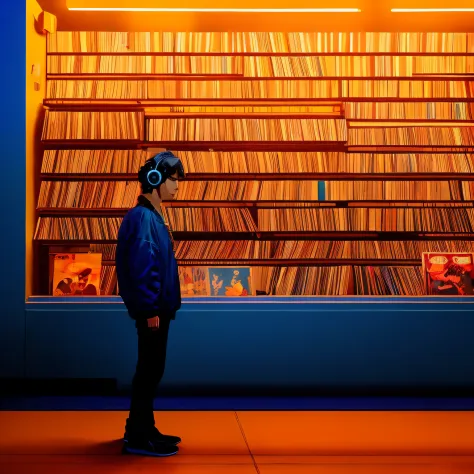There's a man standing in front of a wall with a shelf of records, menina em uma loja de discos, Discos musicais, style hybrid mix of beeple, nostalgic vibes, discos de vinil, Most High Fidelity, lofi vibrations, cyberpunk with neon lighting, Foto vencedor...