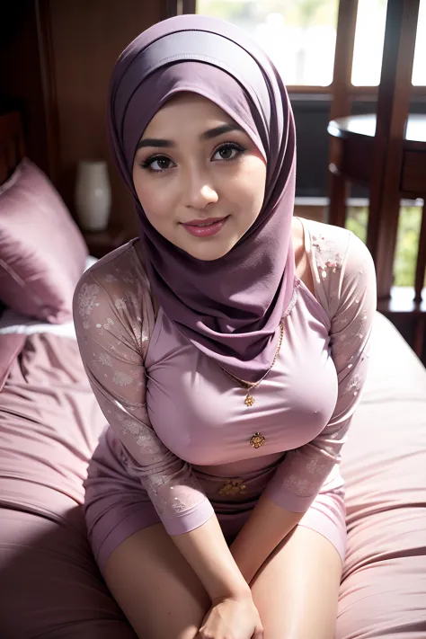 Best quality, high resolution, masterpiece: 1.3), a beautiful malay woman in hijab, big breasts, slim figure, sweatshirt, beautifully presented details in the street and facial and skin texture, detailed eyes, double eyelids, big eyeschest visible, shirt o...