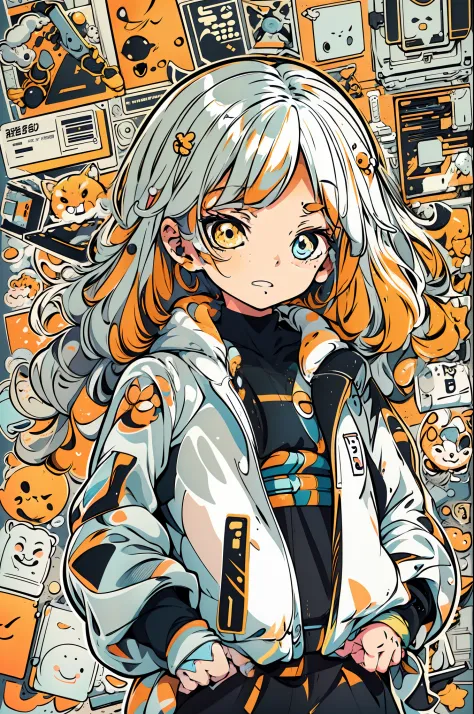 anime girl with orange and white jacket and black jacket surrounded by stickers, anime mecha aesthetic, anime style 4 k, anime g...