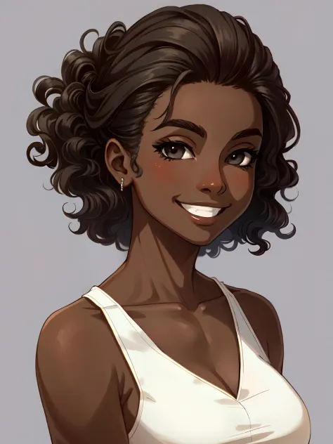 Masterpiece, best quality, high-res, extremely detailed, 1 girl, (dark brown skin tone:1.2), black eyes, smiling