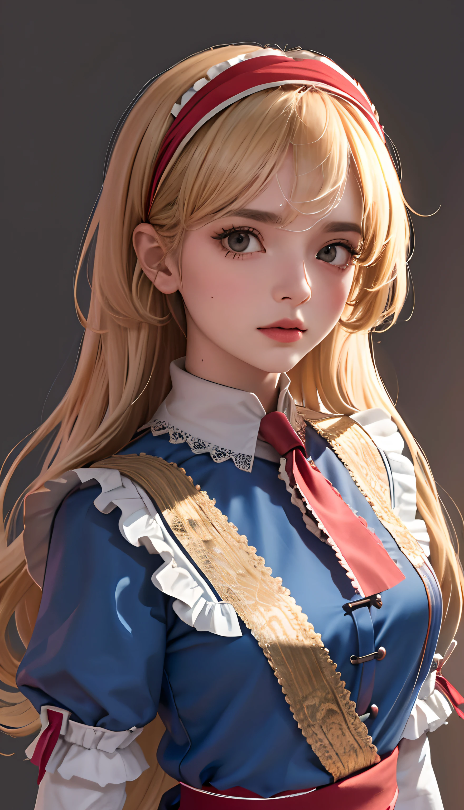 (8k), sharp focus, High Resolutions, 1girl, Alice, Upper part of the body, ARISDEF, blond hair, (sash, bow, hair band), gigantic breasts, dress, (high quality:1.2), (High detail:1.2), (masterpiece:1.2), (extremely detailed:1.2),