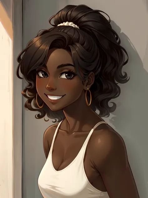 Masterpiece, best quality, high-res, extremely detailed, 1 girl, (dark brown skin tone:1.2), black eyes, smiling