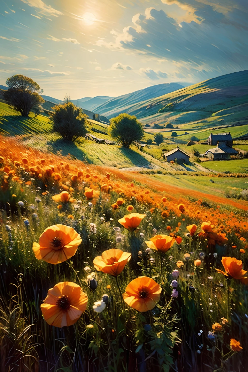 oil painting landscape, cinematic lighting, field of poppy flowers, big flowers on foreground