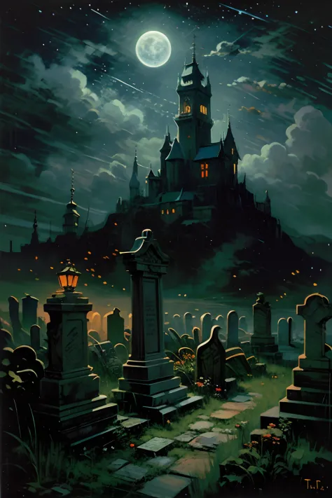 oil painting landscape, cinematic lighting, dramatic lighting, dark foggy night, necromancer's castle, necropolis, graveyard, gr...