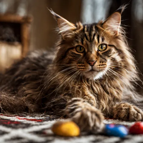 main coon plays in room, is focused on catching toy mouse, looks at mouse, best quality, super detailed, high resolution, very detailed, 8k uhd, realistic, (natural light), amazing, fine detail, best, high quality, RAW photo