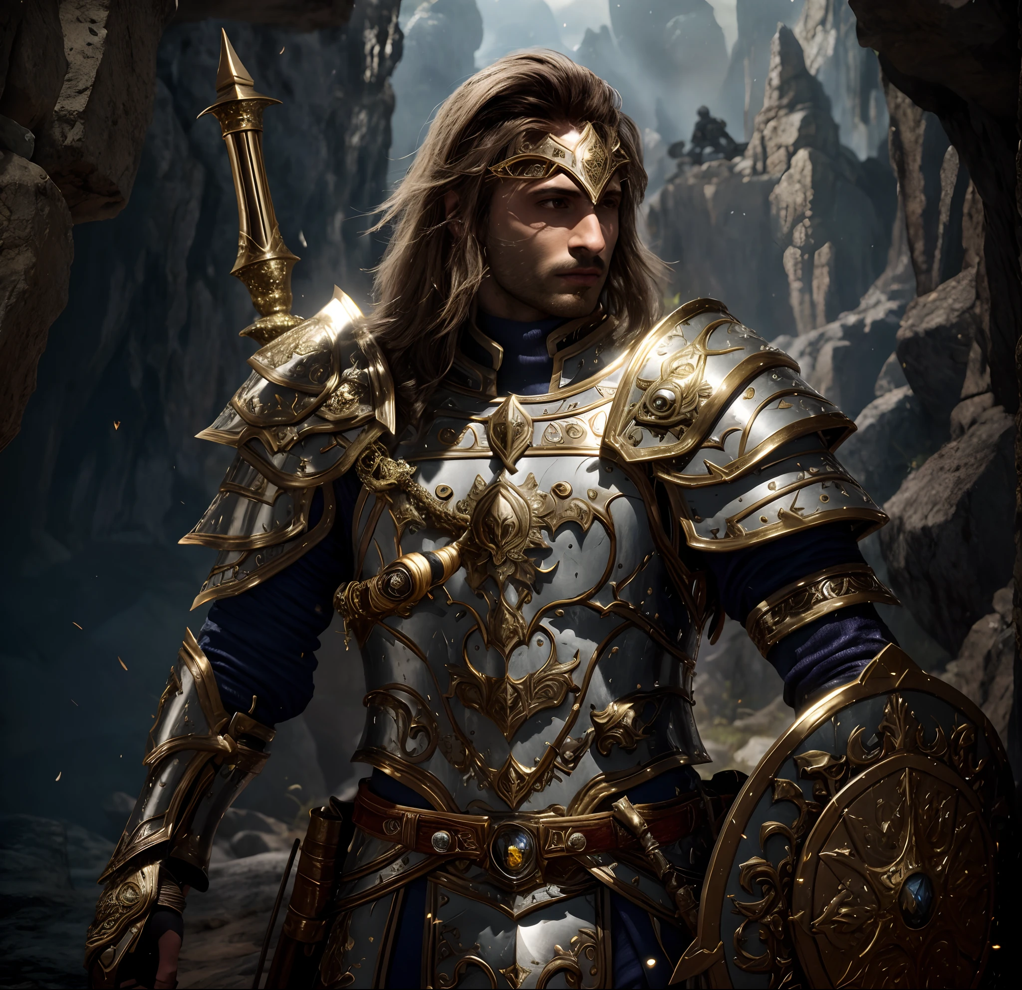Arafed male in armor standing in a rocky area with a sword, fantasy paladin, male paladin, 4 k detail fantasy, paladin golden armor, fantasy warrior in full armor, arsen lupin as a paladin, 4k fantasy artwork, elegant cinematic fantasy art, epic paladin armor, gold heavy armor. Dramatic