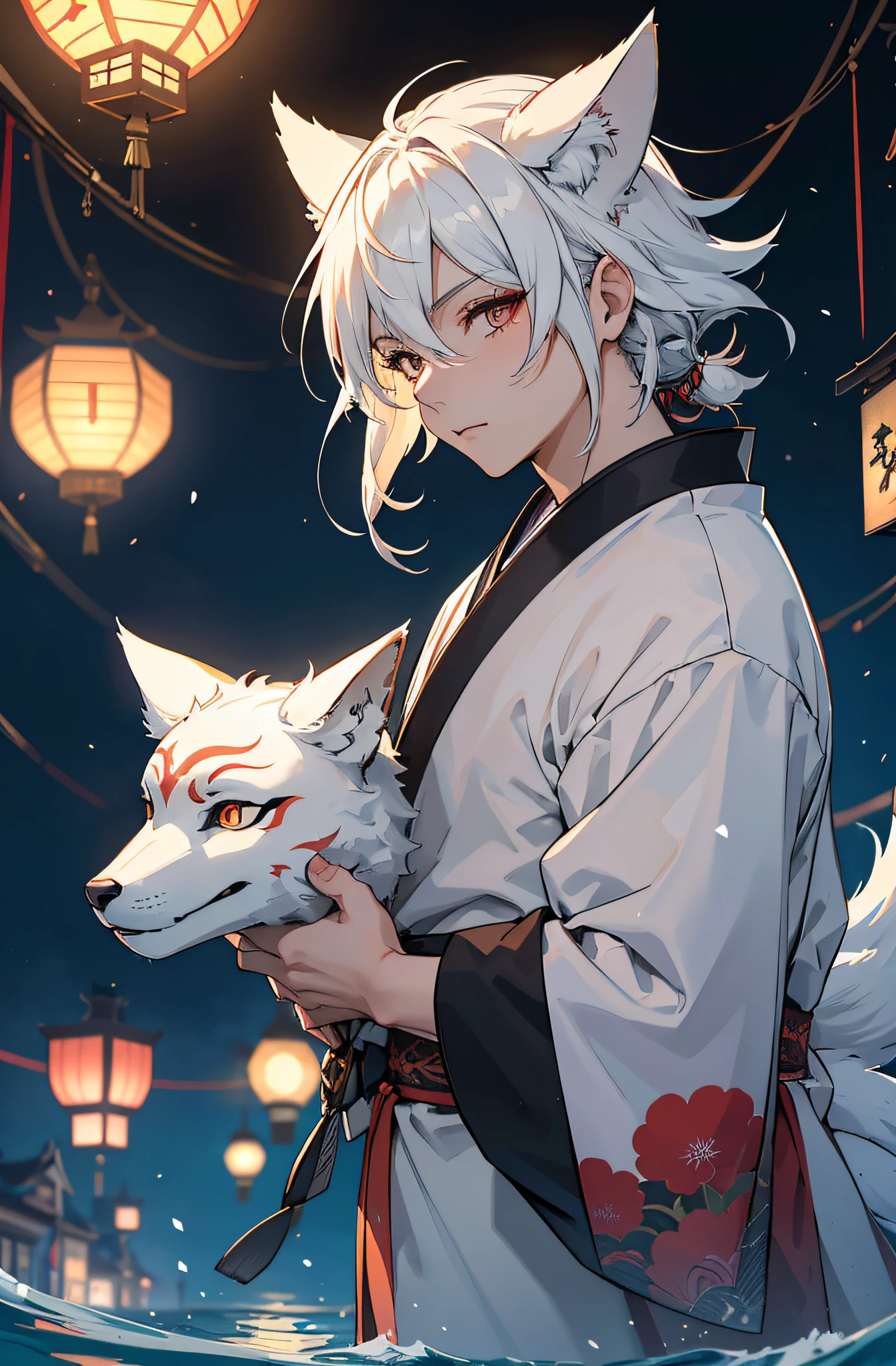 (a man), Wearing a Japanese fox mask, Kitsune, Japanese kimono, Long white hair, perfect face, Festival in the background, cinematic lighting, Depth of field, glowing light, Raytracing, reflection light, close up shot, ​masterpiece, ​masterpiece, High quality, best quality, high detailed, ccurate, anatomically correct, textured skin, uhd, hight resolution, 1080P