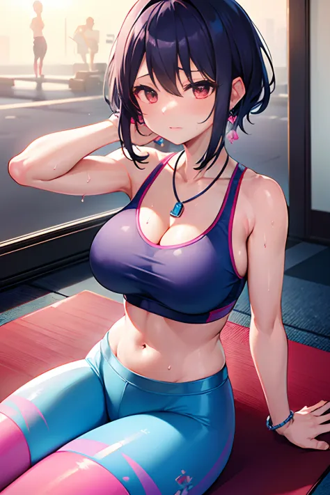 Sunset reflection　fitness gym　yoga mats、full of sweat、Light Blue Fitness Wear　Use English characters、Floral pattern　Pink leggings、Navel Ejection、 pinkcolor　Wave Shorthair、wrist watch、Colossal tits　Whip whip、sapphire earrings、Sports Necklaces、Armpit　sitting...
