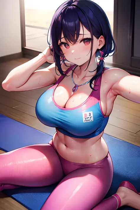 Sunset reflection　fitness gym　yoga mats、full of sweat、Light Blue Fitness Wear　Use English characters、Floral pattern　Pink leggings、Navel Ejection、 pinkcolor　Wave Shorthair、wrist watch、Colossal tits　Whip whip、sapphire earrings、Sports Necklaces、Armpit　sitting...