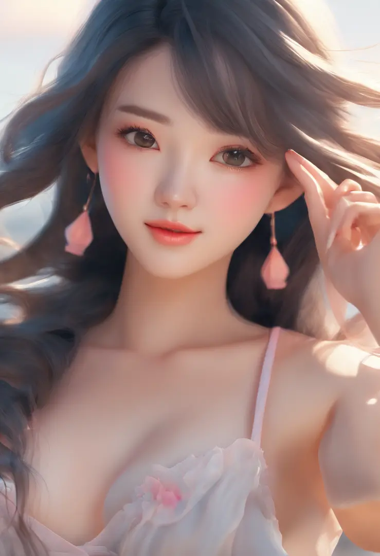 Asian Women、Cute face like a model、Popular faces that are trending now、huge tit、large full breasts、Close-up image、Wearing a white bra、peach、blue-sky、The background is the sea、Blonde Girl、Sharp image、Resolution up