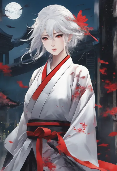 ((dramatic)) girl, japan goddes of war, one handed holding divine katana, slicing enemy pose, bloodstain on her face, dark night, broken building and post apocalyptic japan ((broken building)), godly fantasy aura, stand on top of tall building, looking at ...