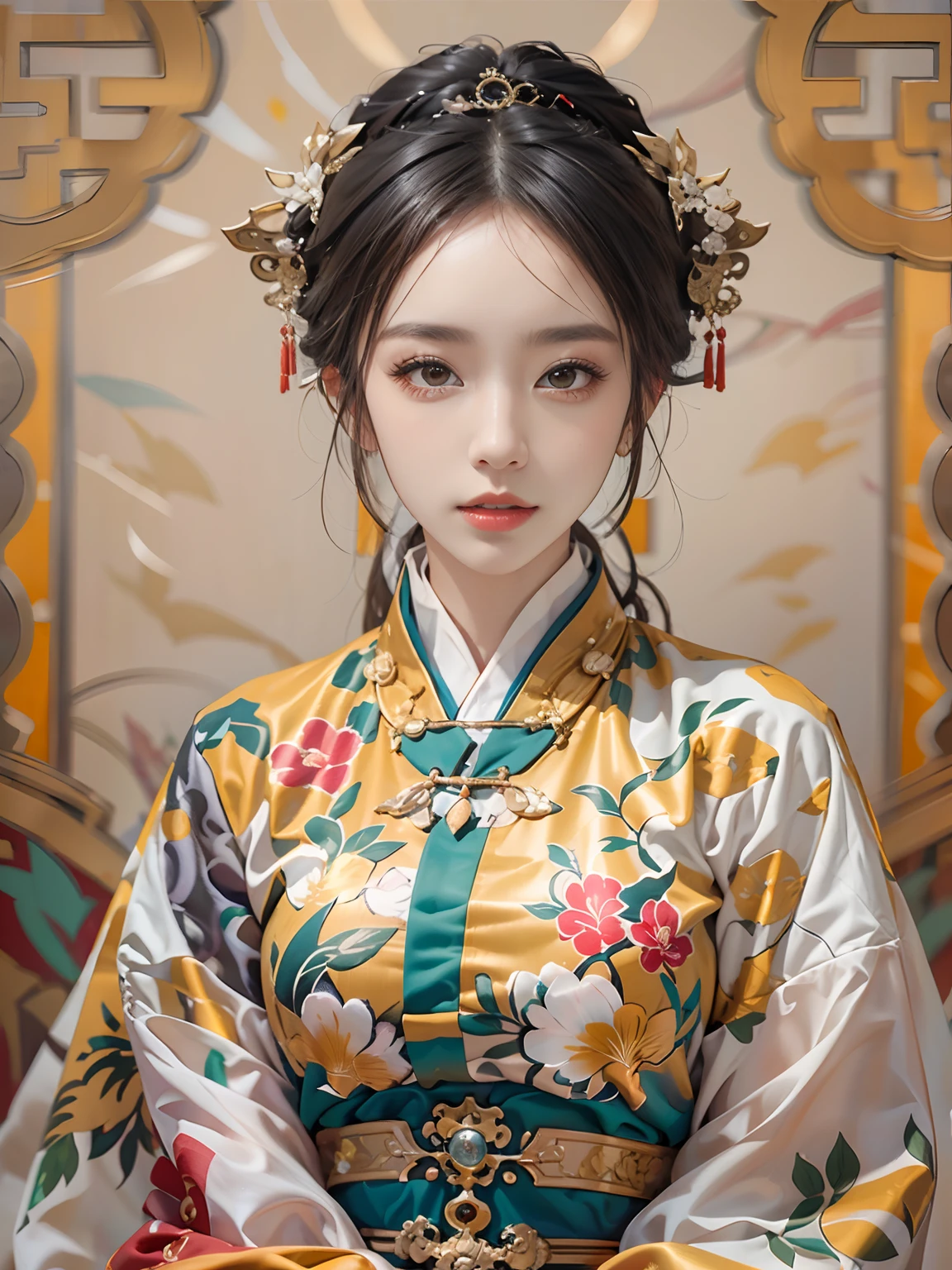 (The best quality), ((Masterpiece)), china, (1girl), only, Detailed and realistic face, beautiful detailed eyes and lips, long eyeslashes, expressive facial features, Ming Dynasty, Chinese ancient costume, white and yellow dress, beautiful girl, (whole body), Detailed clothing, J.J.A.E., 8k, 4k, UHD, Depth and dimension, the background is a wall with a majestic mosaic modeled with typical ornaments of the Ming dynasty, depth of field, diffuse background,