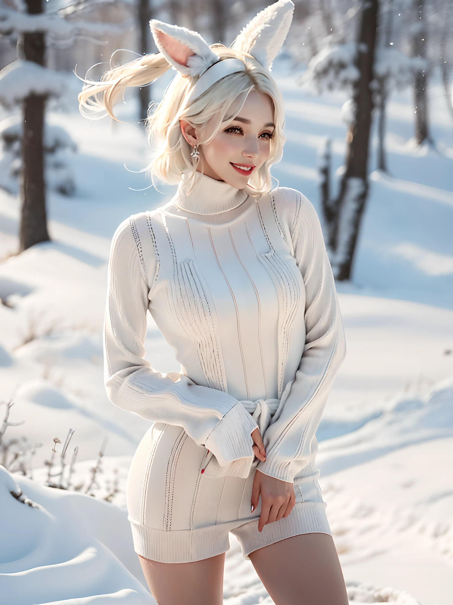 A stylish photo that exudes glamour, with snow-white hair and bunny ears. With a slender waist and hips, a pair of beautiful legs, her perfect figure set off her fair skin in a turtleneck sweater. The scene is set in a snowy landscape, full of femininity. The girl has an infectious smile, captivating eyes, and a sensual expression that complements her (natural fullness: 1.5) and (full buttocks) for a truly captivating photo.