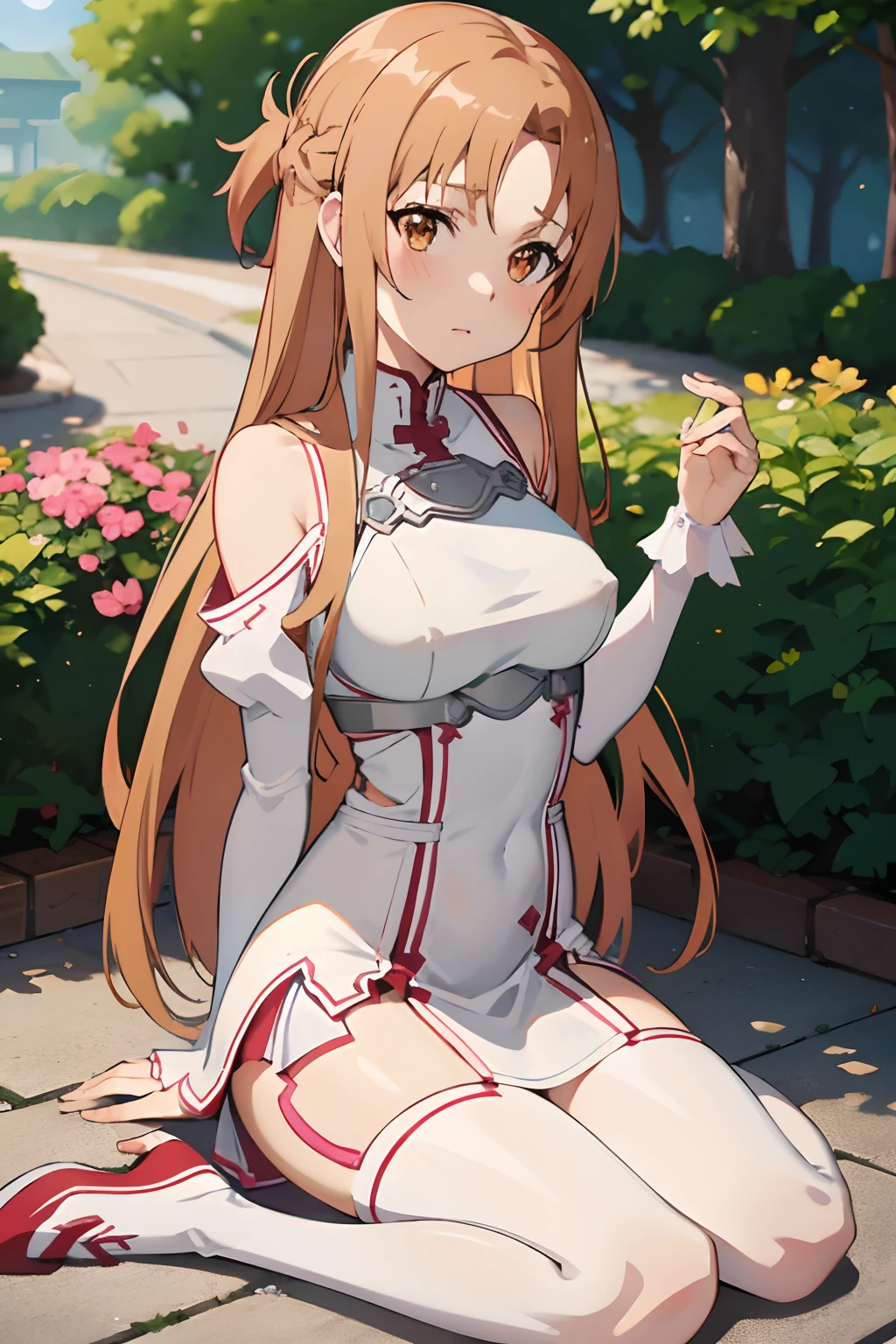 Anime girl sitting on the ground with a flower in her hand SeaArt AI