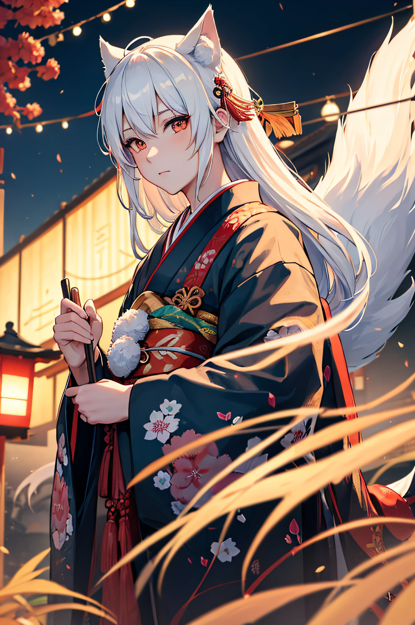 ((one man)), (male) japanese kitsune mask, japanese kimono, long white hair, perfect face, festival in background, Filmische Beleuchtung, Depth of field, Leuchtendes Licht, raytracing, Reflexionslicht, nahaufnahme, Meisterwerk, Meisterwerk, High quality, best quality, Hohe Detailgenauigkeit, ccurate, anatomisch korrekt, Strukturierte Haut, UHD, hight resolution, 1080p